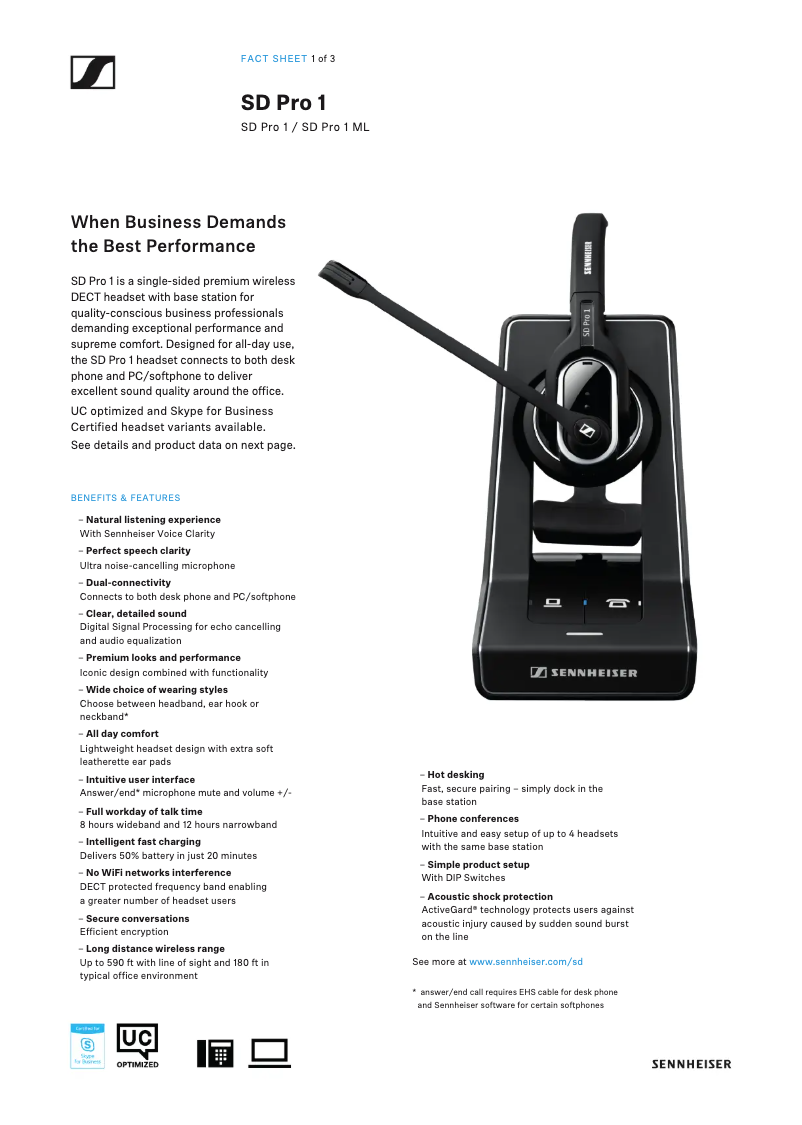 Page 1 of the manual Technical Sheet Sennheiser SD Pro 1