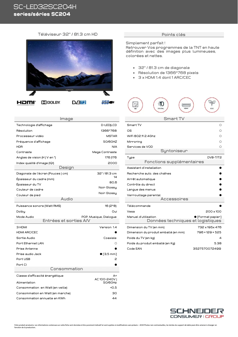 Page 1 of the manual Technical Sheet Schneider SC-LED32SC204H