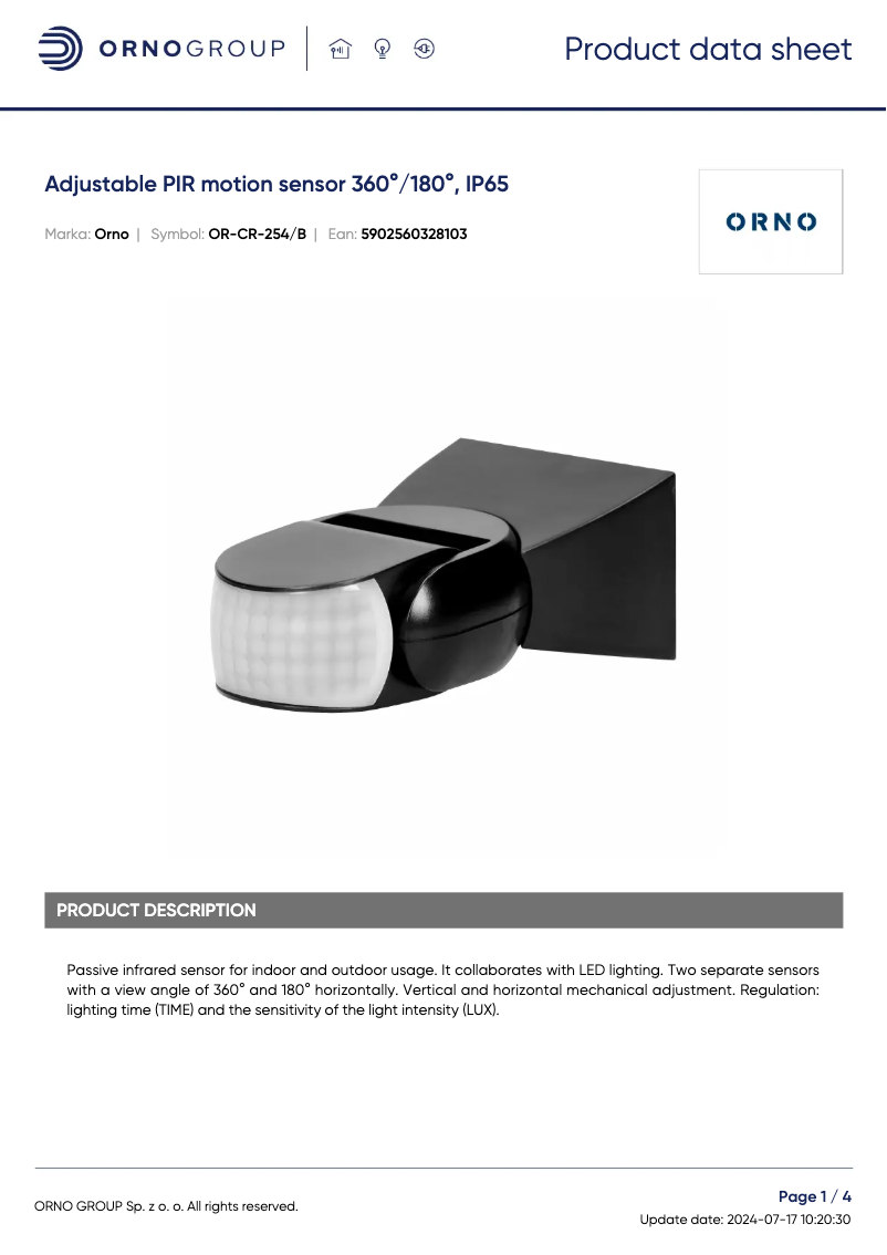 Page 1 de la notice Fiche technique ORNO OR-CR-254