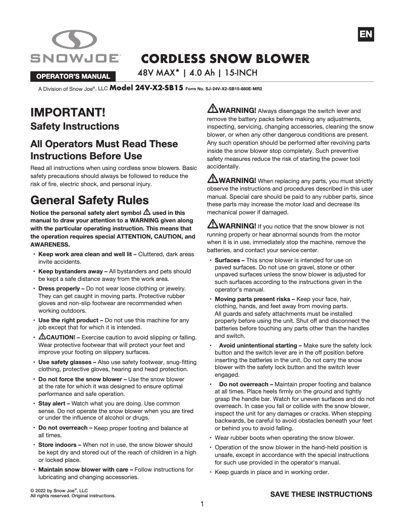 Page 1 of the manual User Manual Snow Joe 24V-X2-SB15