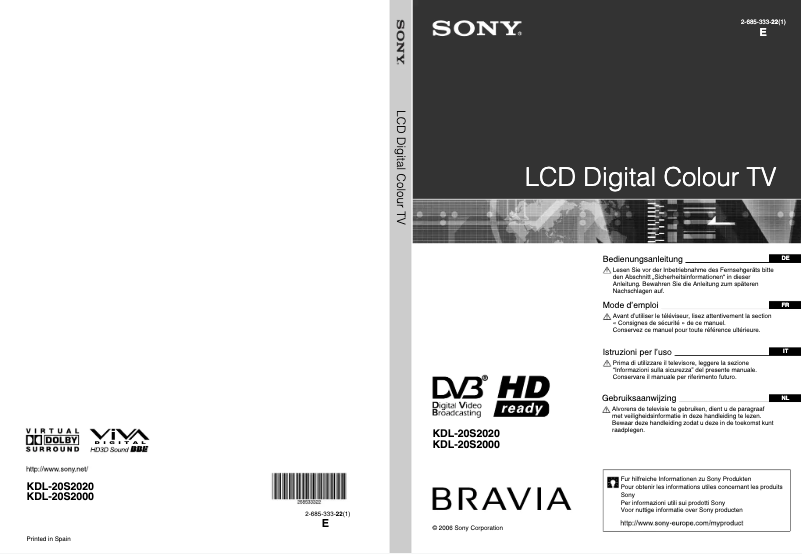 First page image of the manual for Bravia KDL-20S2020