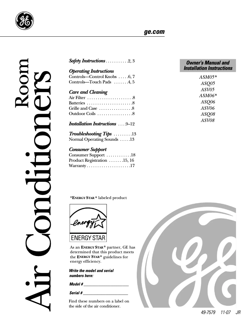 Page 1 of the manual Use and Maintenance Manual GE ASQ06LL