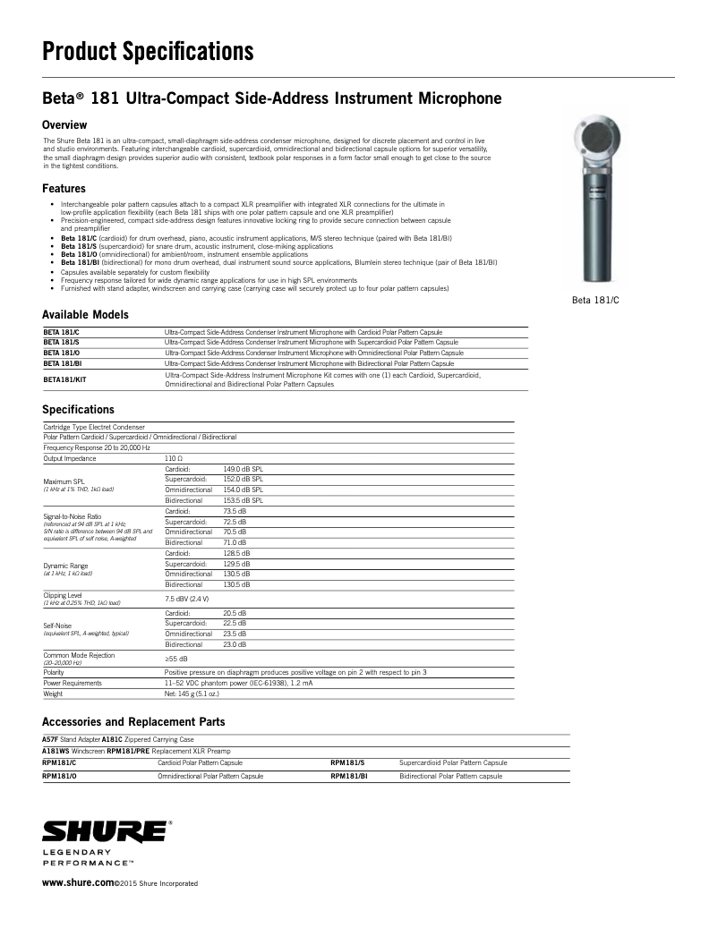 Page 1 of the manual Technical Sheet Shure BETA 181
