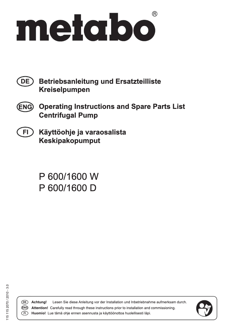 Page 1 of the manual User Manual Metabo P 600/1600 W
