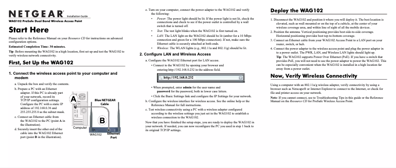 Page 1 de la notice Guide d'installation Netgear ProSafe WAG102