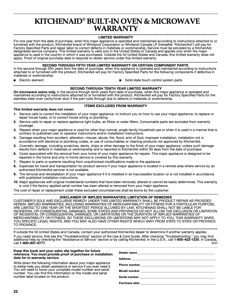 Page 1 of the manual Warranty Information KitchenAid Architect KEMS308SSS