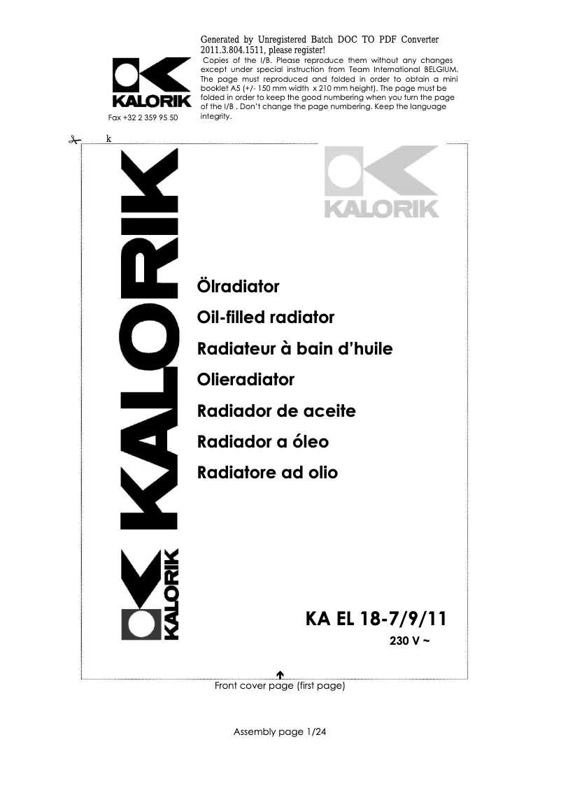 Page 1 of the manual User Manual Kalorik KA EL 18-9