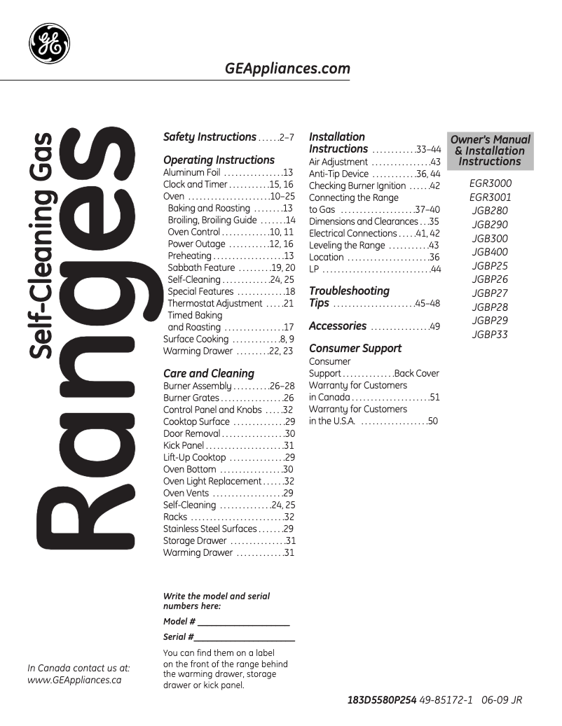 First page image of the manual for JGBP29DEMBB