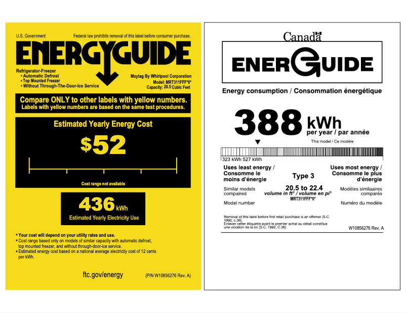 Page 1 of the manual Energy Label Maytag MRT311FFFH