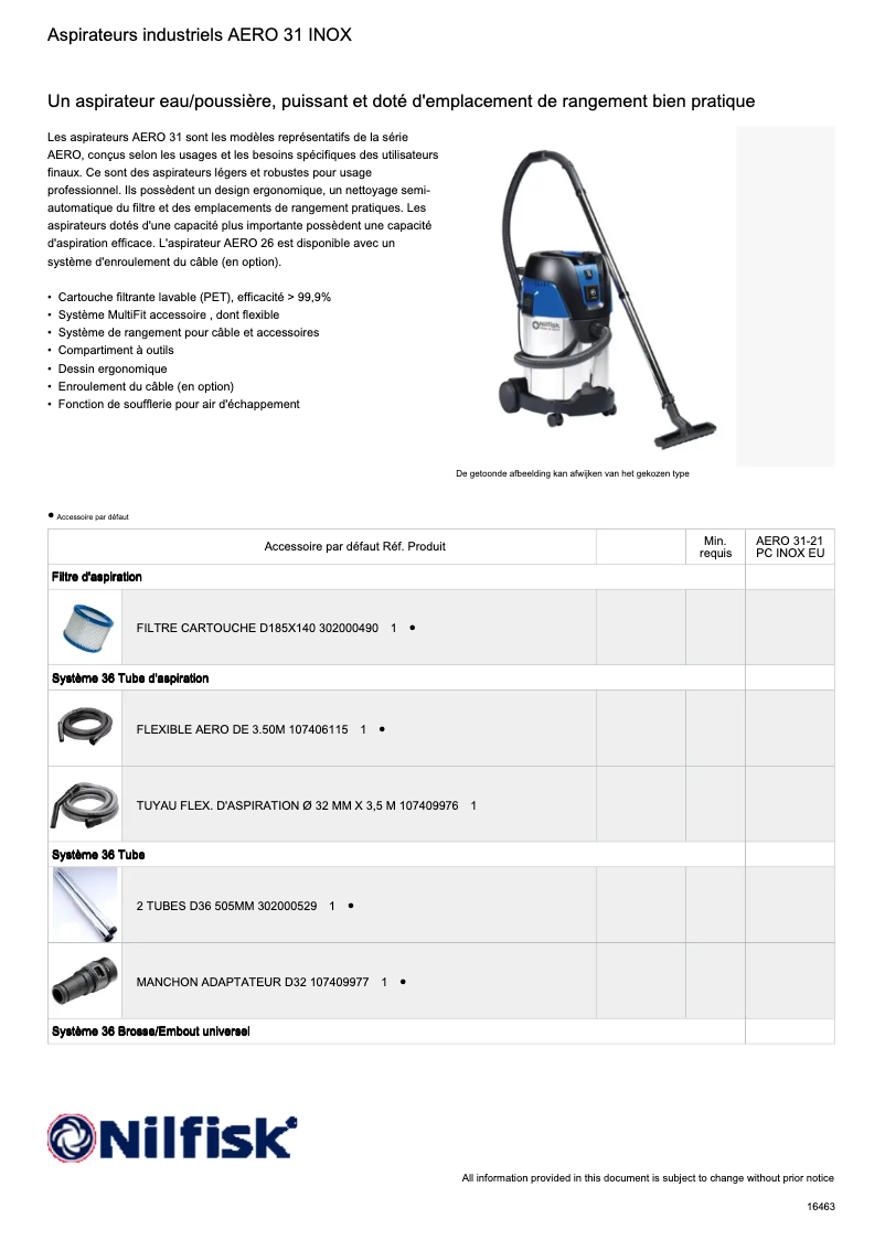 Page 1 of the manual Technical Sheet Nilfisk Aero 31