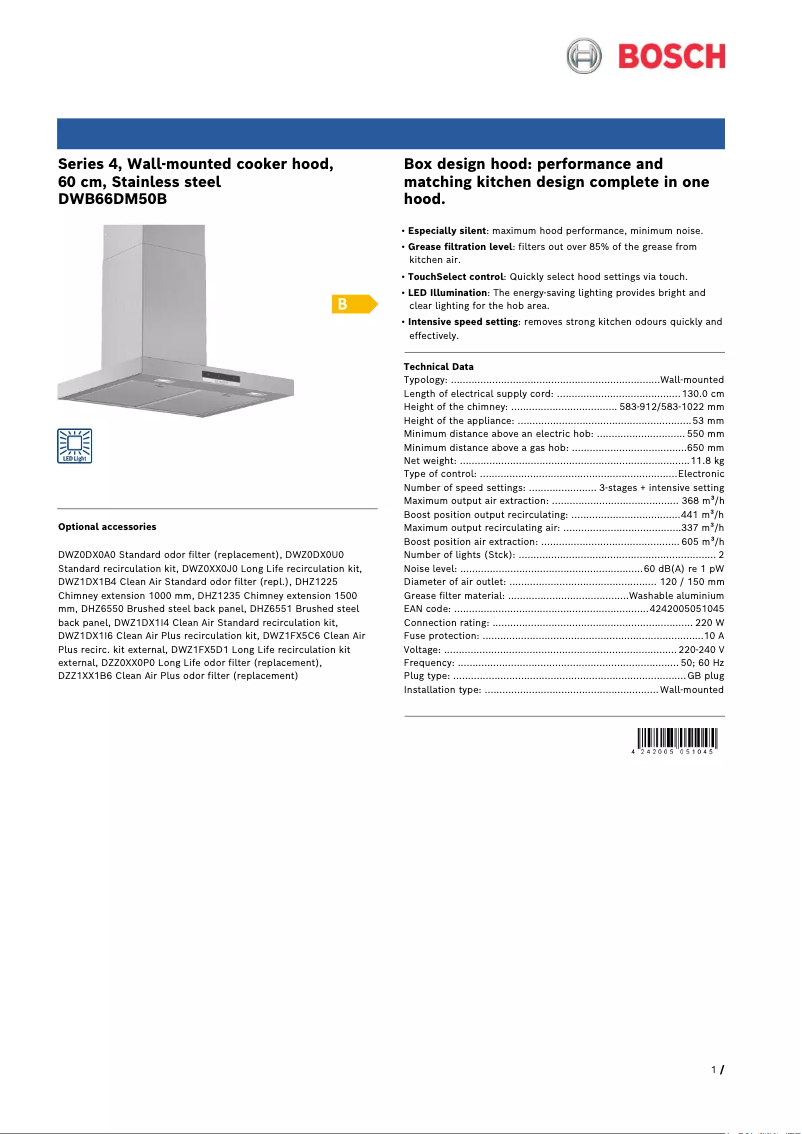 Page 1 of the manual Technical Sheet Bosch DWB66DM50B