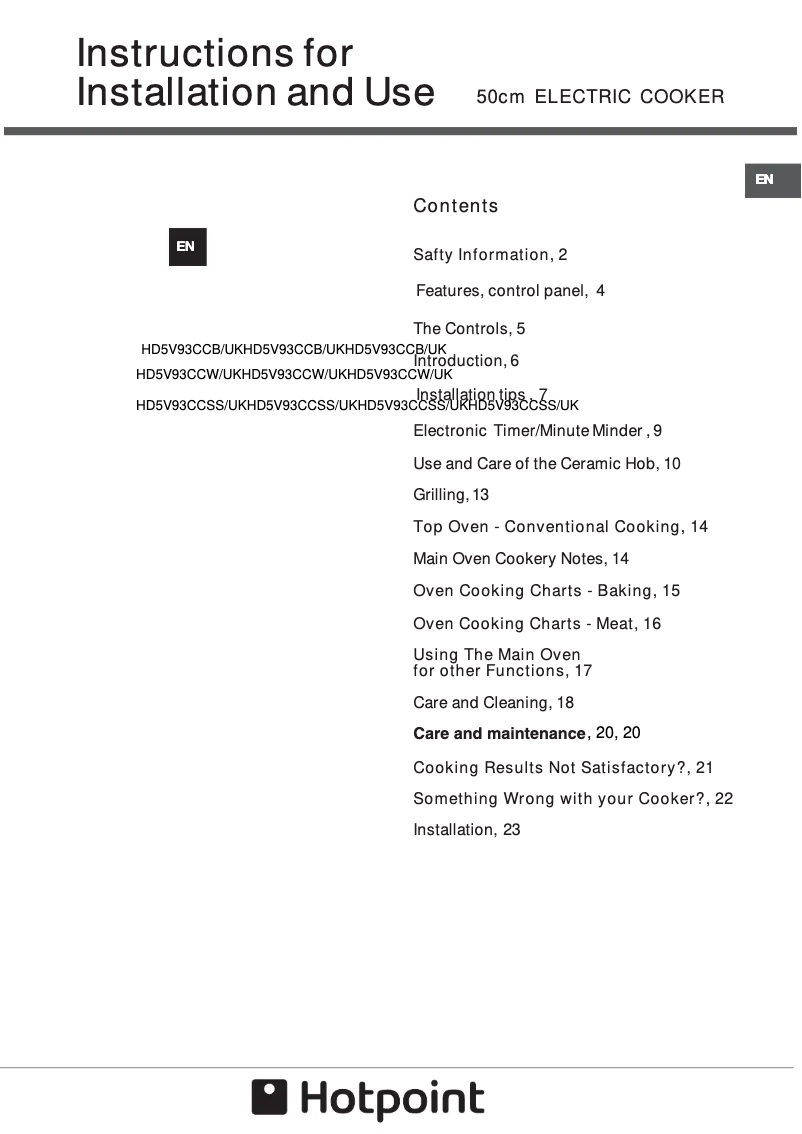 First page image of the manual for HD5V93CCSS/UK