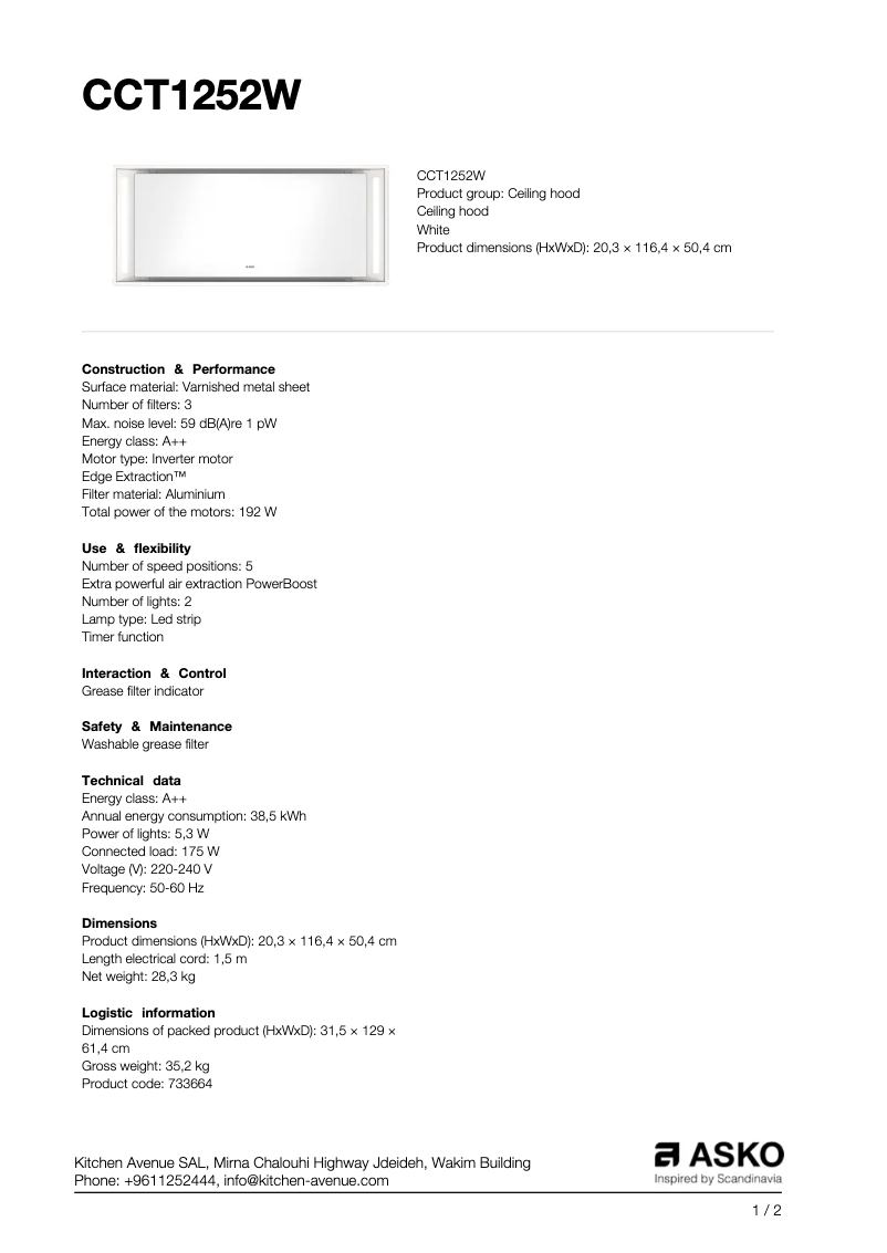 Page 1 of the manual Technical Sheet Asko CCT1252W