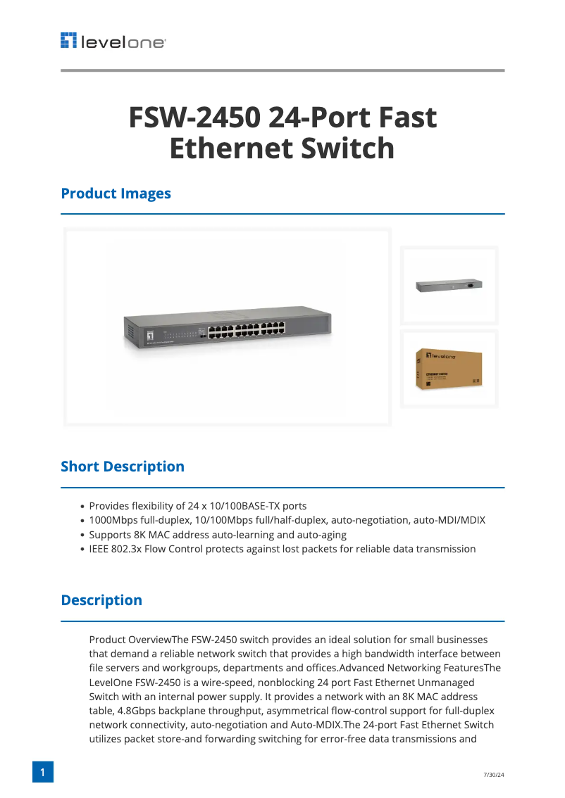 Page 1 of the manual Technical Sheet LevelOne FSW-2450