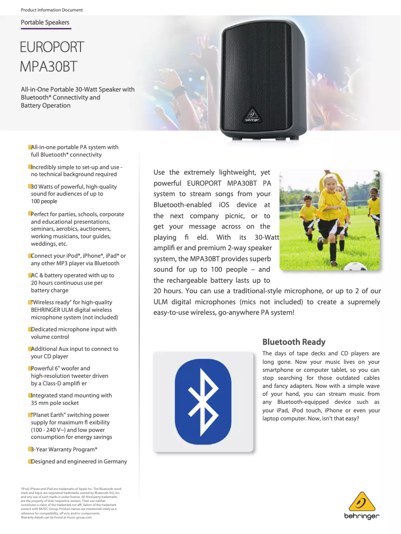Page 1 of the manual Technical Sheet Behringer Europort MPA30BT