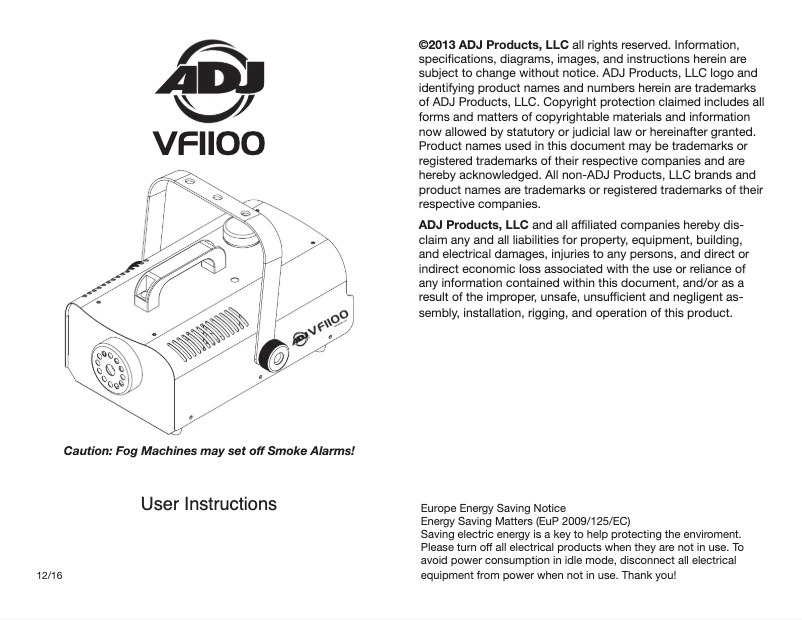 Page 1 of the manual User Manual American DJ VF1100