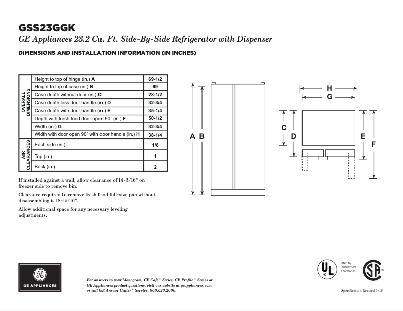 Page 1 of the manual Technical Sheet GE GSS23GSKSS