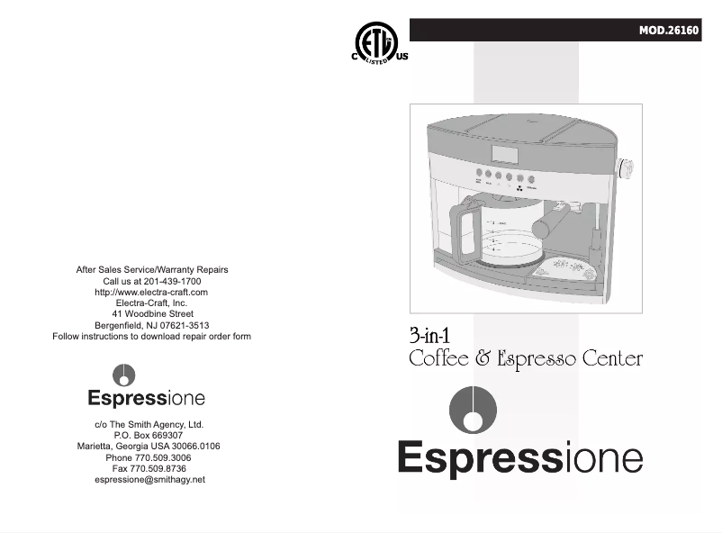First page image of the manual for 3-in-1 Coffee & Espresso Center 26160