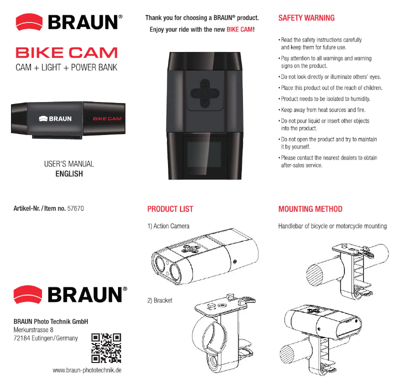 Page 1 of the manual User Manual Braun Bike Cam
