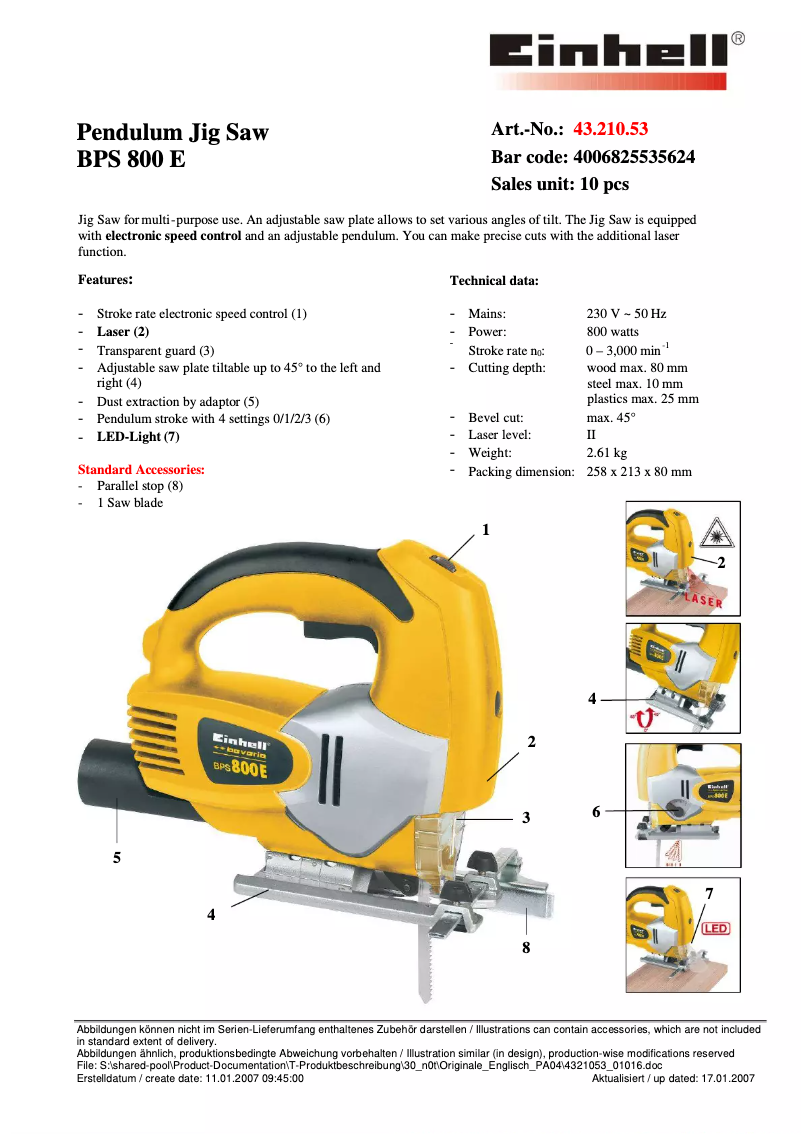 Page 1 of the manual User Manual Bavaria by Einhell Bavaria BPS 800 E