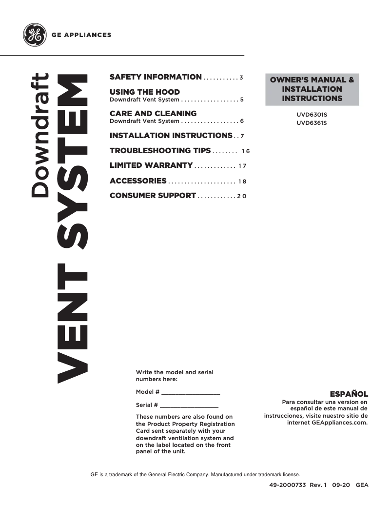 Page 1 of the manual Use and Maintenance Manual GE UVD6301DPBB