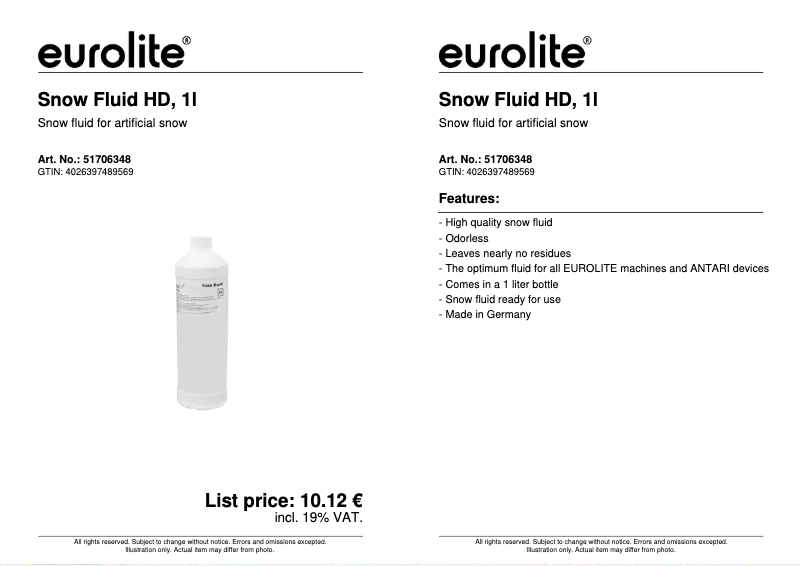 Page 1 de la notice Fiche technique Eurolite Snow Fluid HD