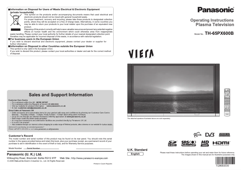 First page image of the manual for TH-65PX600B