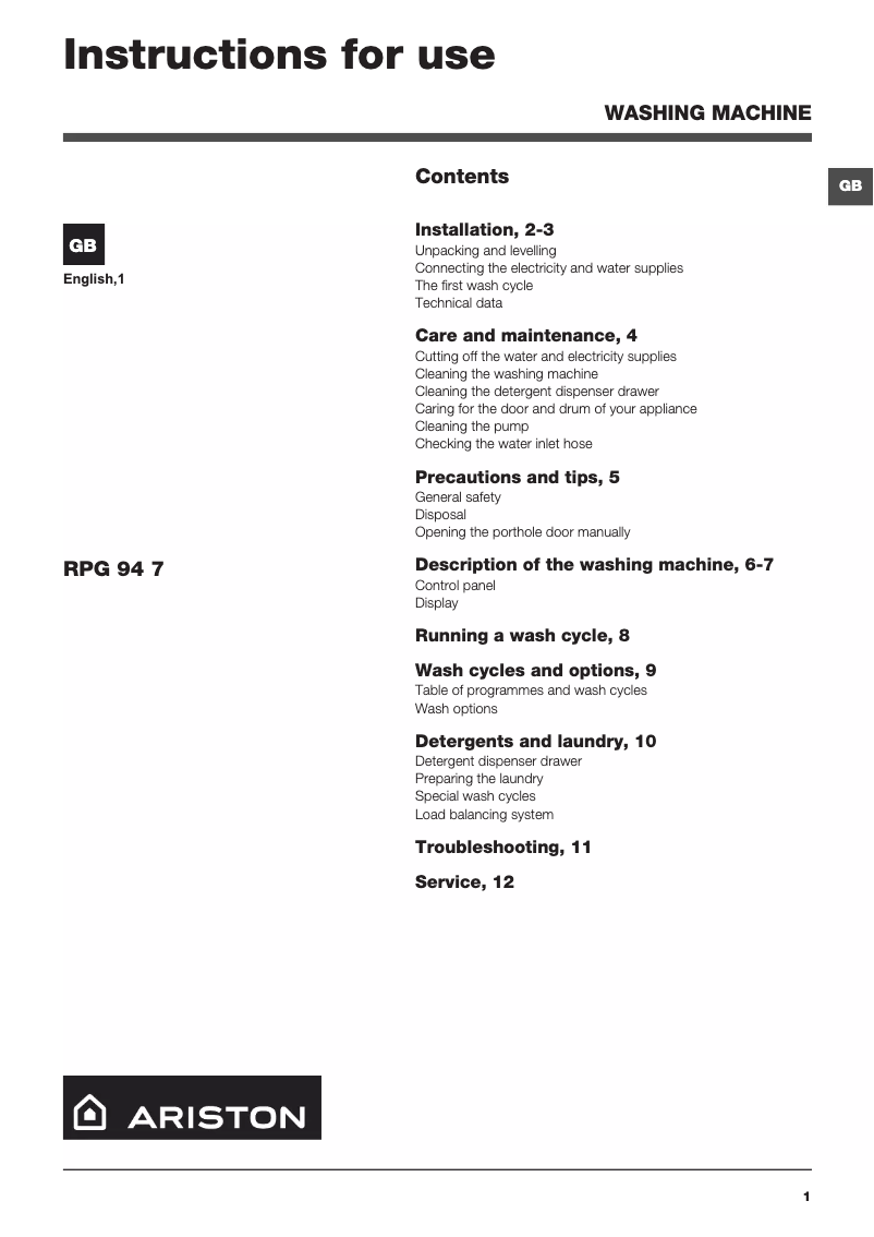 Page 1 of the manual User Manual Ariston Thermo RPG947DAUS