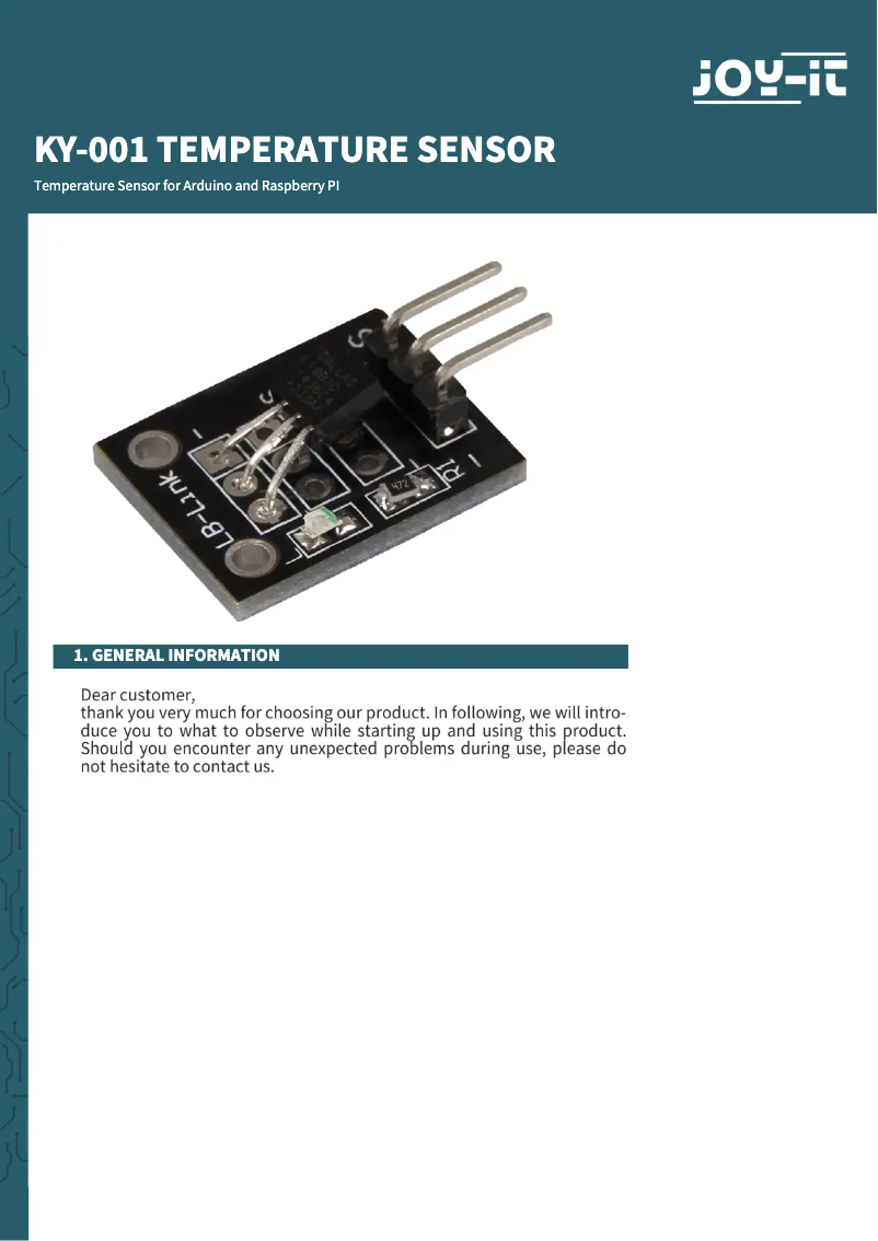 Page 1 de la notice Manuel utilisateur Joy-It SEN-KY001TS