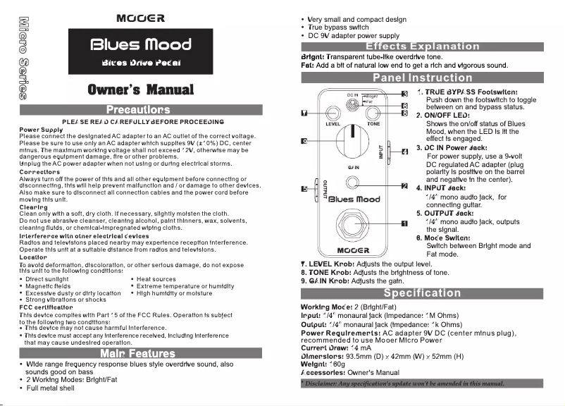 Image de la première page du manuel de l'appareil Blues Mood