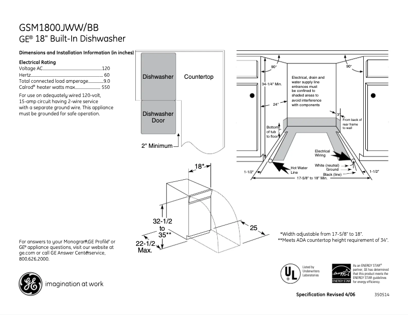 Page 1 of the manual Technical Sheet GE GSM1800JWW