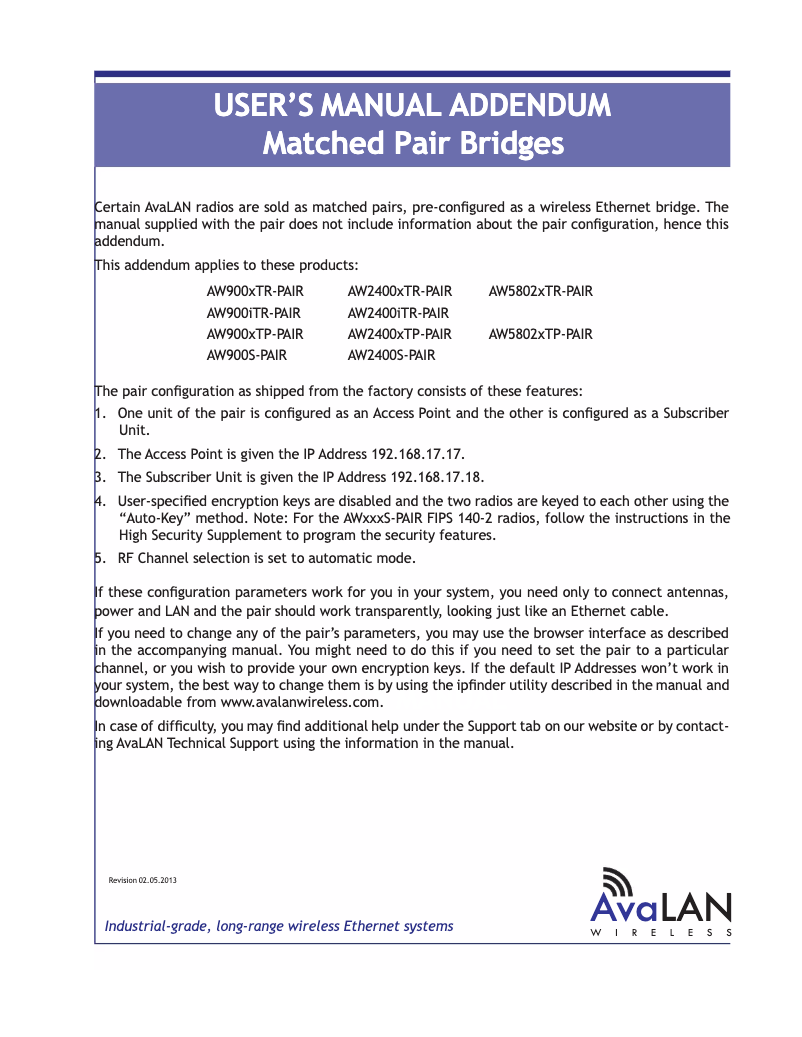 Page 1 of the manual User Manual AvaLAN AW5802xTR-Pair