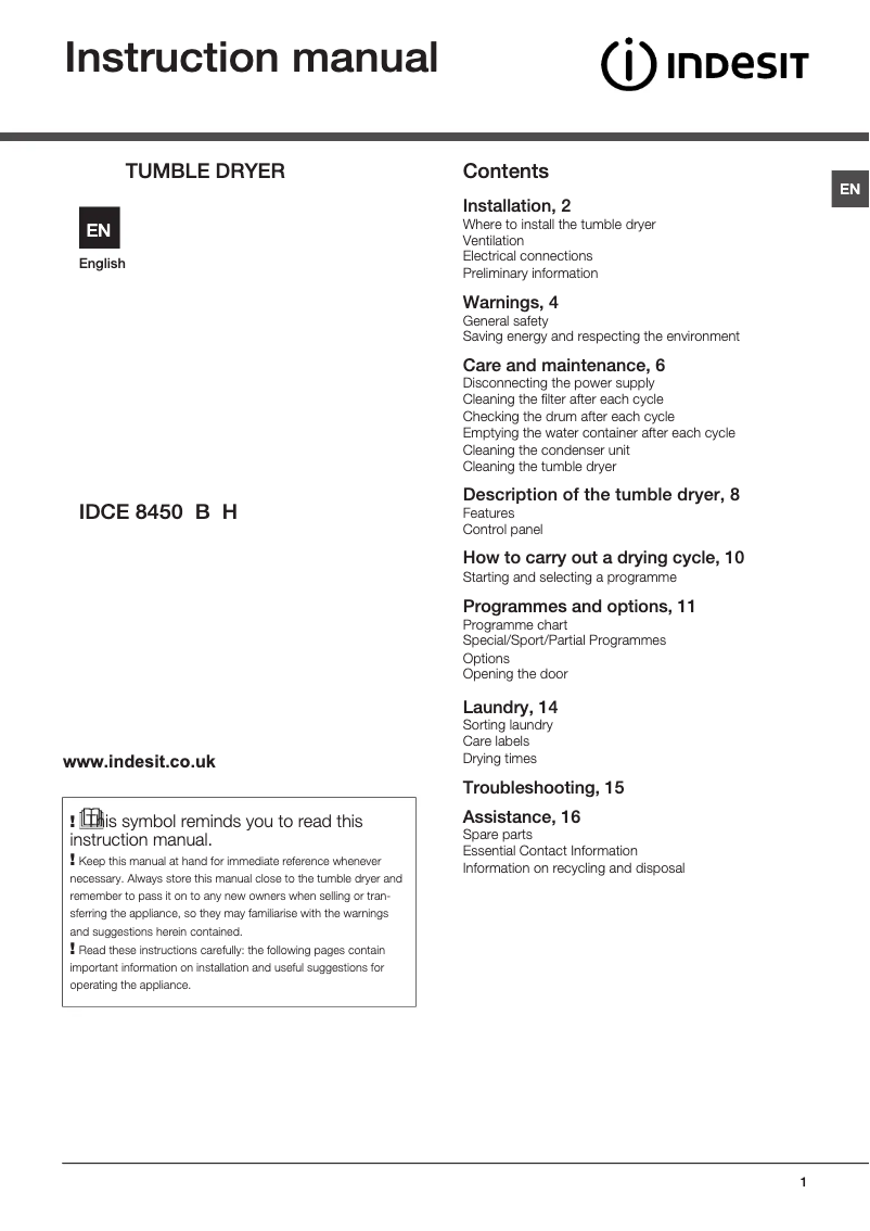 First page image of the manual for IDCE 8450 BK H