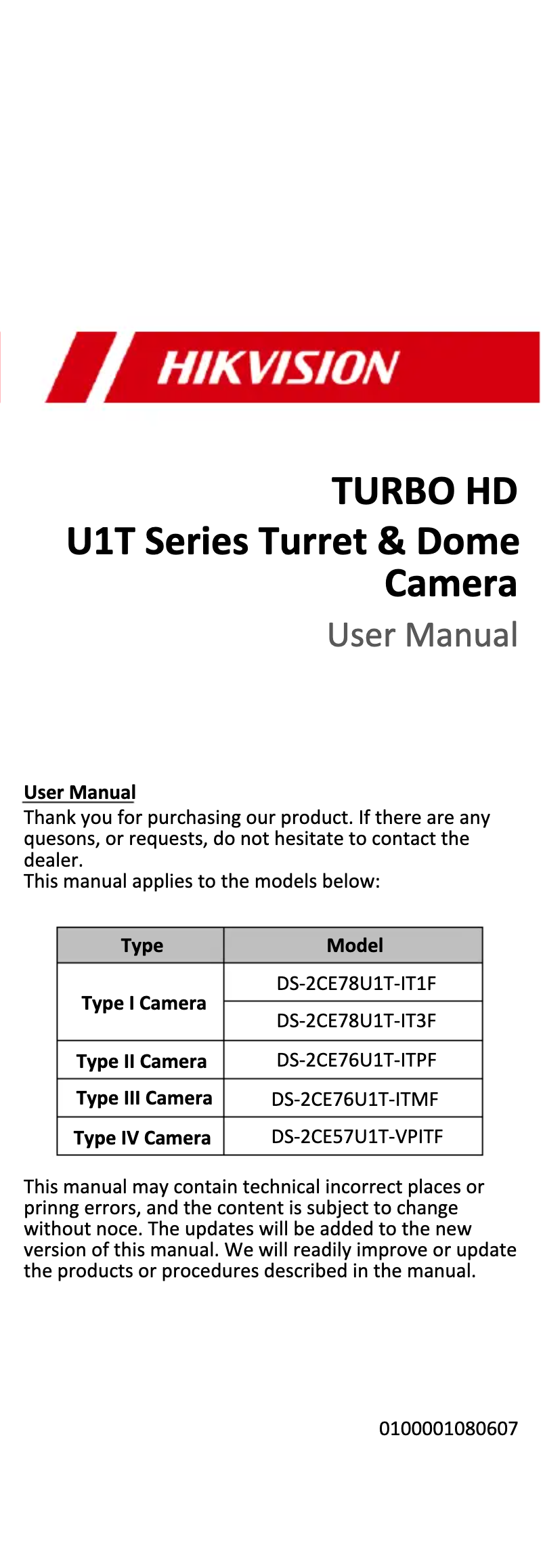 First page image of the manual for DS-2CE76U1T-ITPF