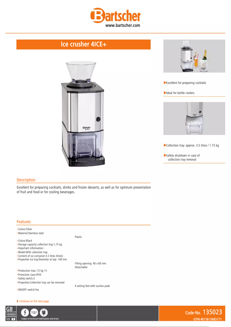 Page 1 of the manual Technical Sheet Bartscher 4ICE+