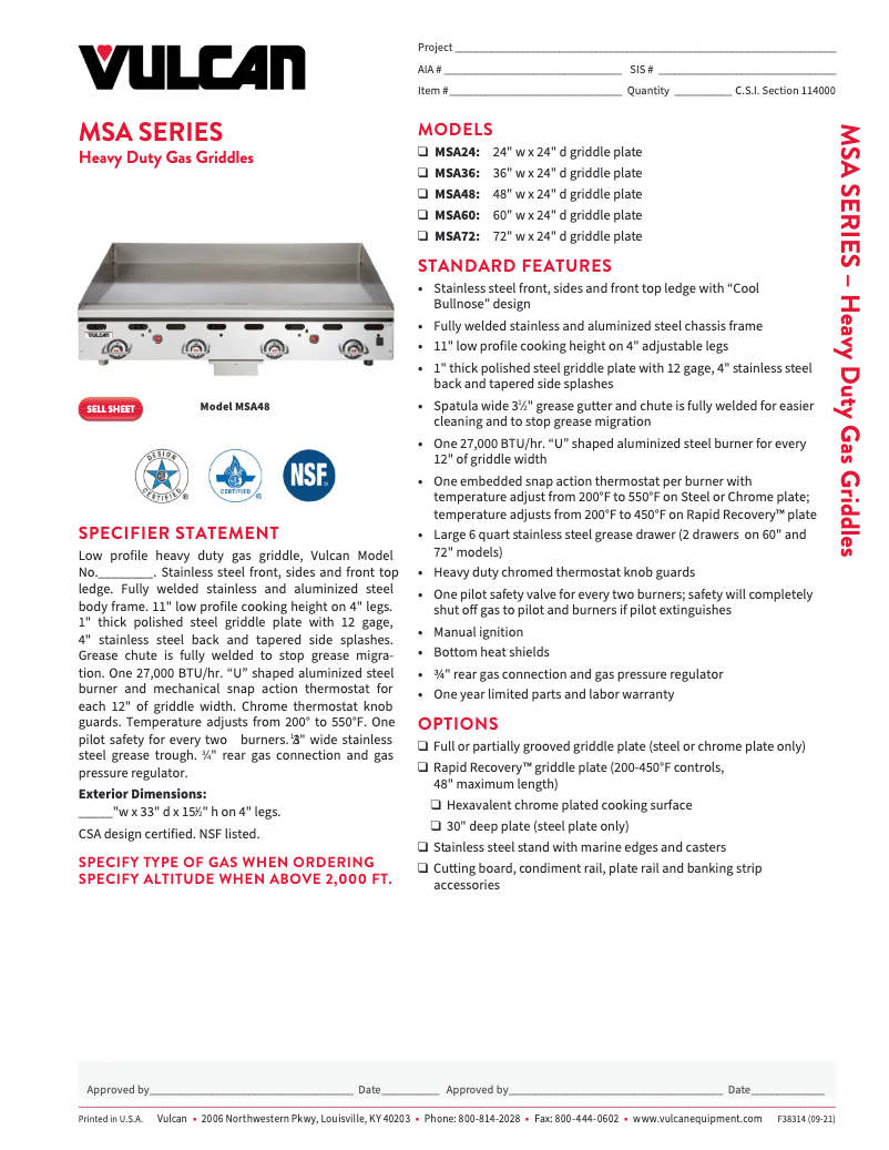 Page 1 of the manual Technical Sheet Vulcan MSA72