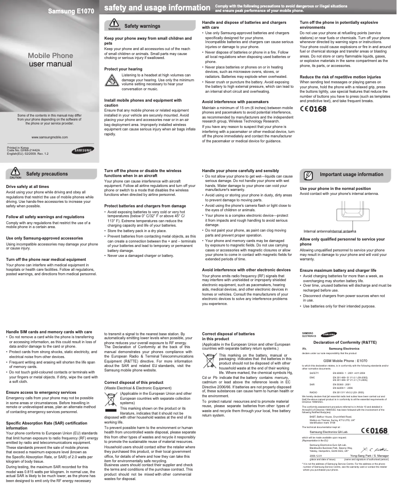 Page 1 of the manual User Manual Samsung E1070