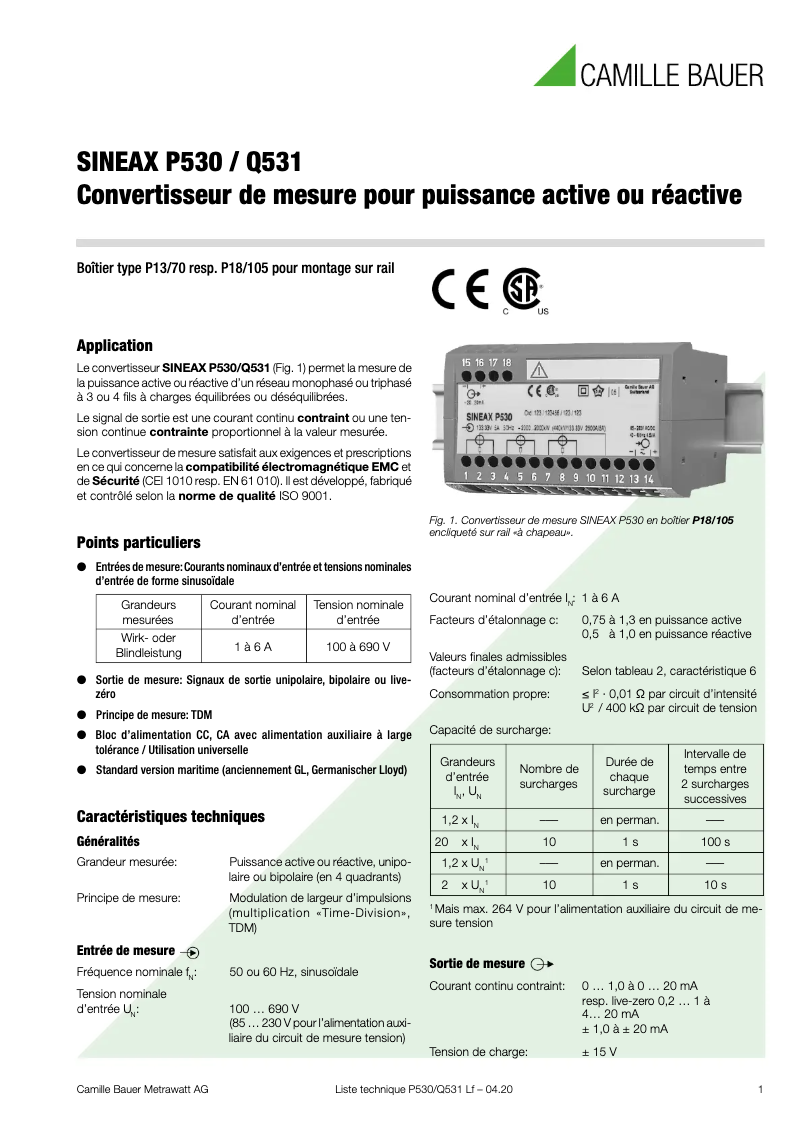 Page 1 of the manual Technical Sheet Camille Bauer SINEAX Q531
