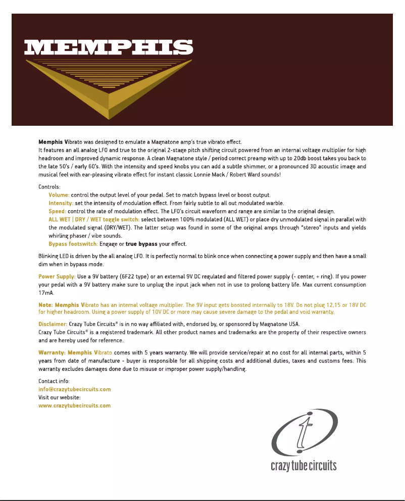 Page 1 of the manual User Manual Crazy Tube Circuits Memphis
