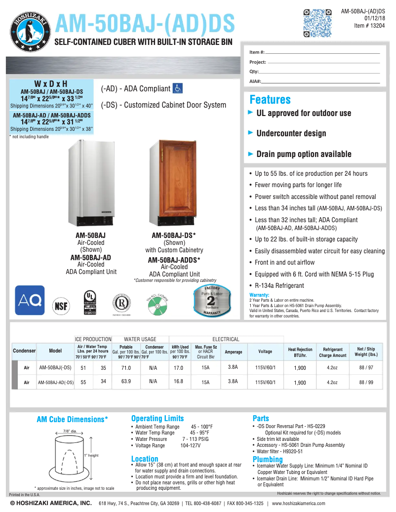 Page 1 of the manual Technical Sheet Hoshizaki AM-50BAE-DS