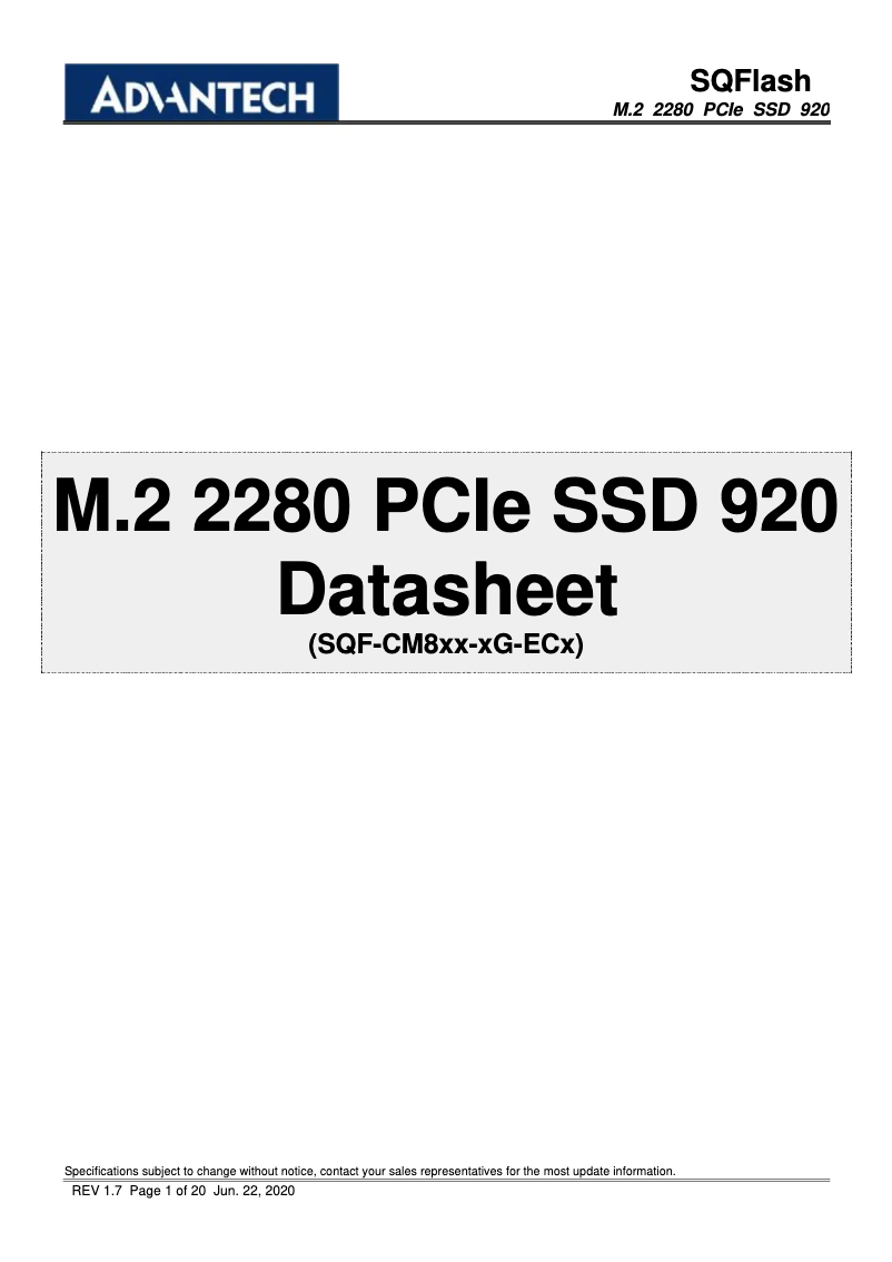 First page image of the manual for SQF-CM8 920