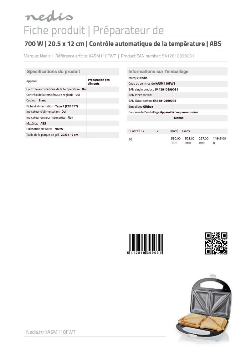 Page 1 of the manual Technical Sheet Nedis KASM110FWT