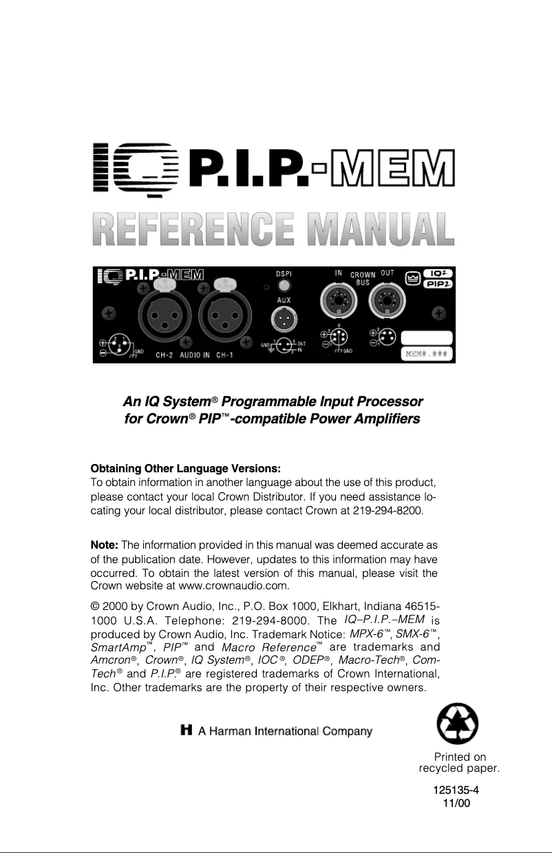 First page image of the manual for IQ-P.I.P.-MEM