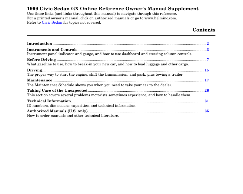 Page 1 of the manual User Manual Honda Civic Sedan GX (1999)