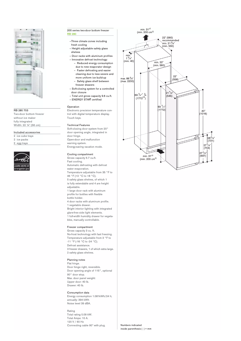 Page 1 of the manual Technical Sheet Gaggenau RB280703