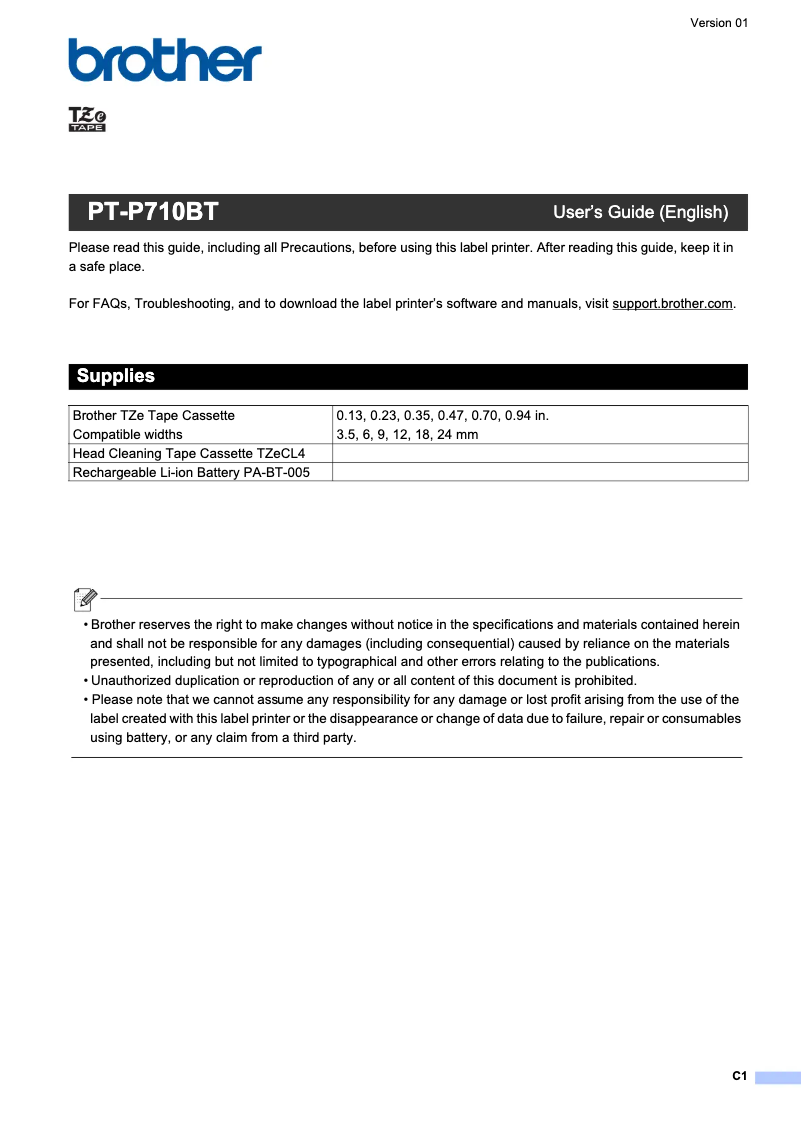 Page 1 of the manual User Manual Brother P-Touch CUBE Plus PT-P710BT