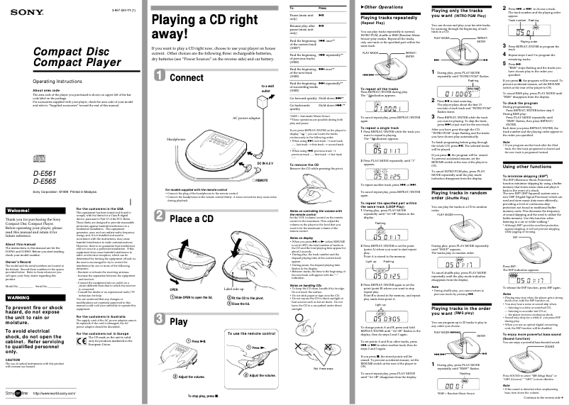 Page 1 of the manual User Manual Sony Discman D-E565