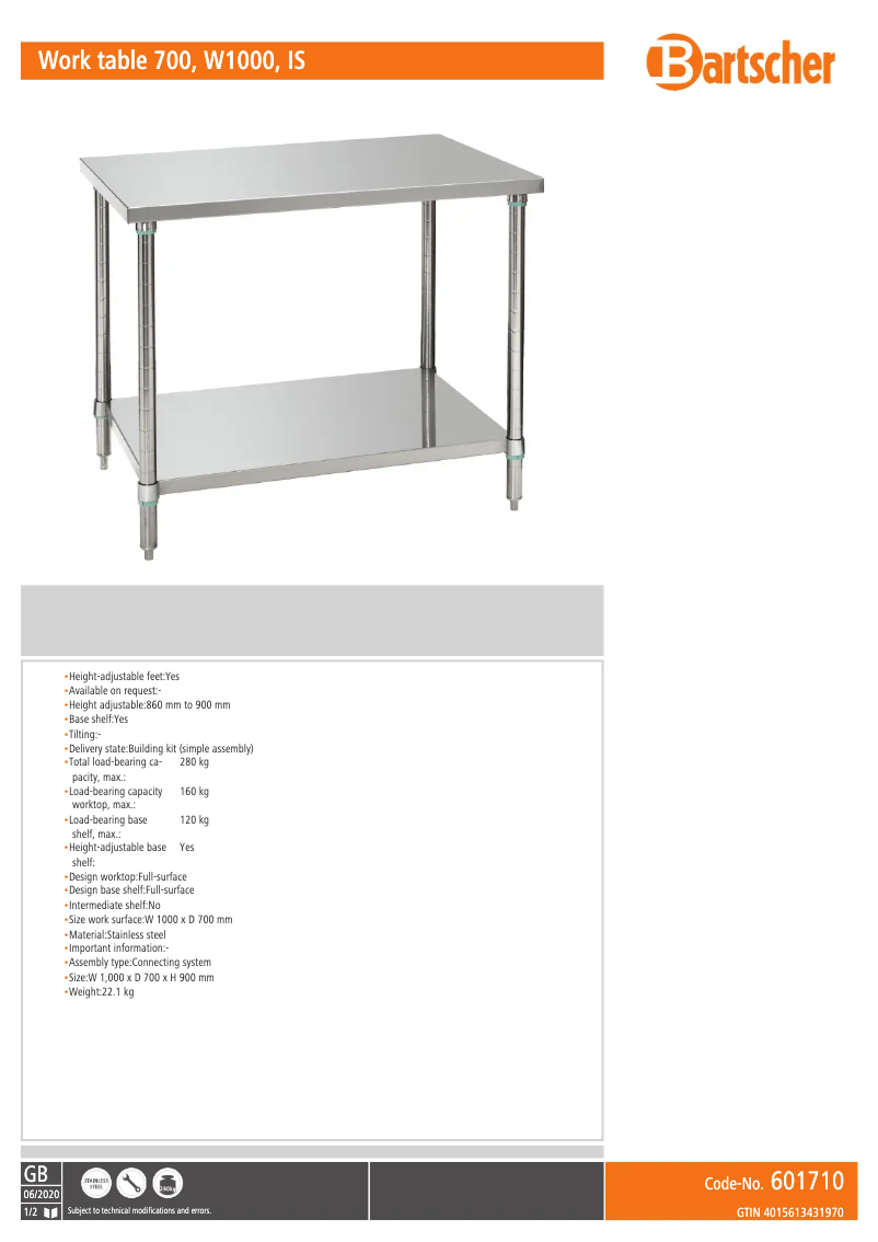 Page 1 of the manual Technical Sheet Bartscher 601710