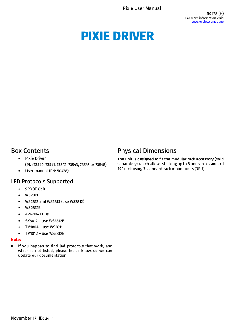 Page 1 of the manual User Manual Enttec Pixie Driver 12V