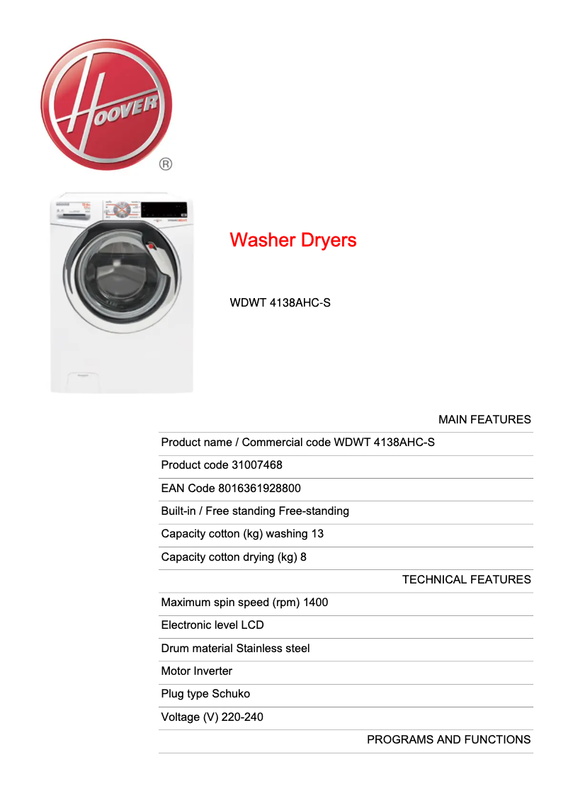 Page 1 of the manual Technical Sheet Hoover WDWT 4138AHC-S
